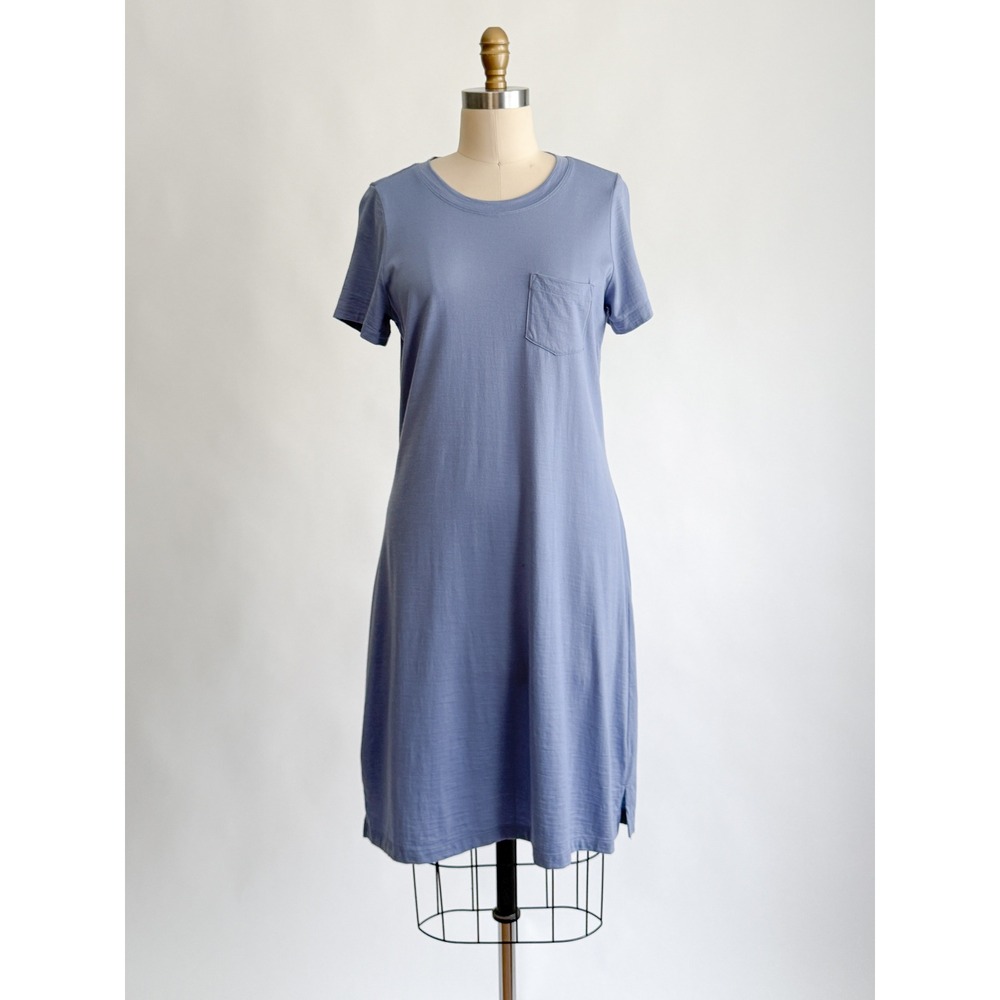 wool& Wooland Merino Wool T-Shirt Dress M Blue Short Sleeve Pocket Midi Slit